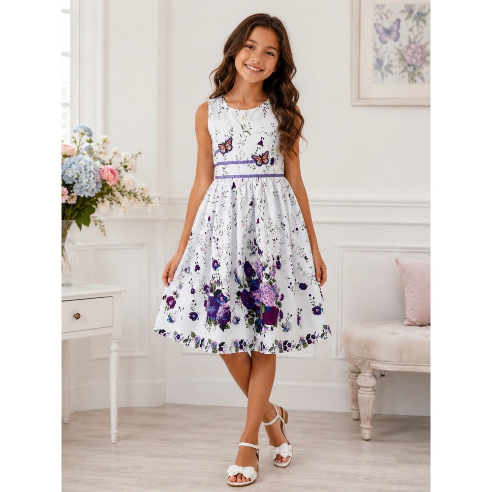 Sunny Fashion Girls Floral Dress Size 11/12 Purple Flowers & Butterflies